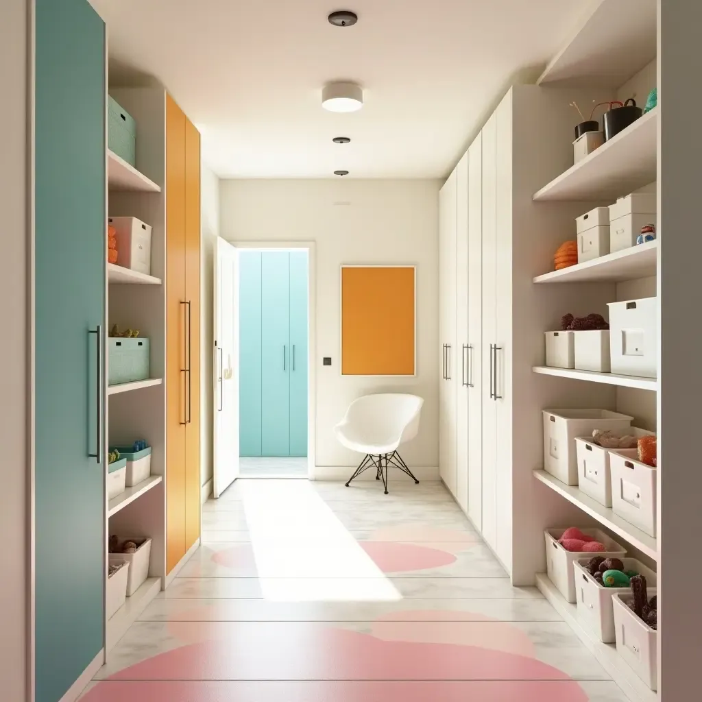 a photo of a bright corridor with clear storage bins and vibrant decor