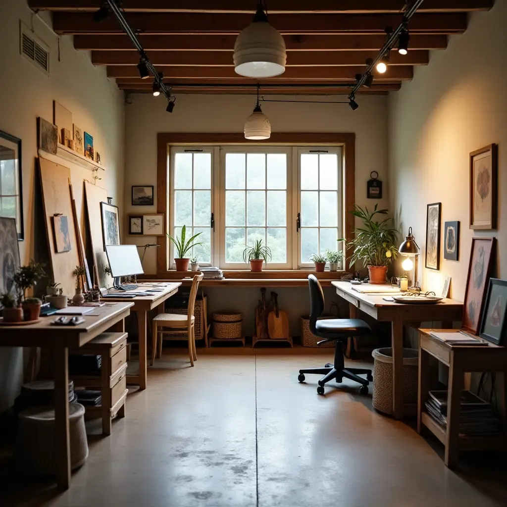 a photo of a serene art studio in a basement space