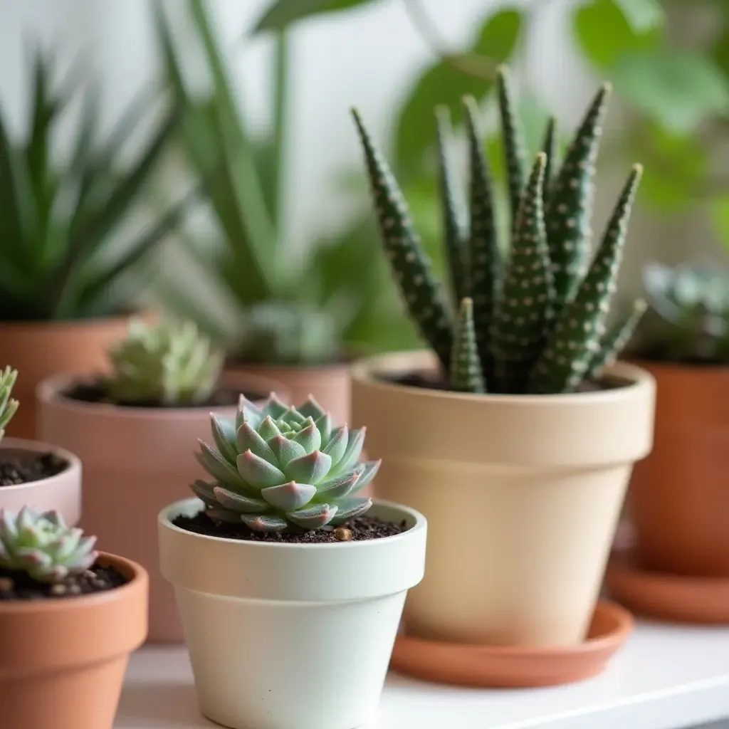 a photo of a nursery with decorative plant pots in pastel colors