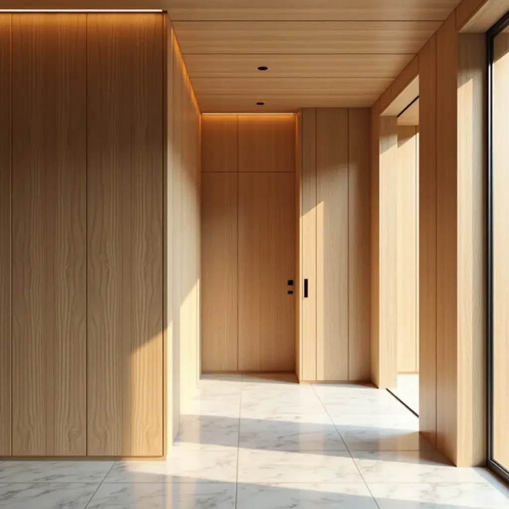 a photo of wooden wall paneling in a bright entrance hall