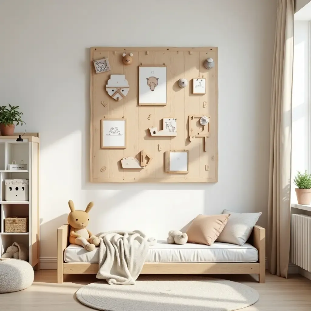 a photo of a cozy kids&#x27; room with a wooden art display wall