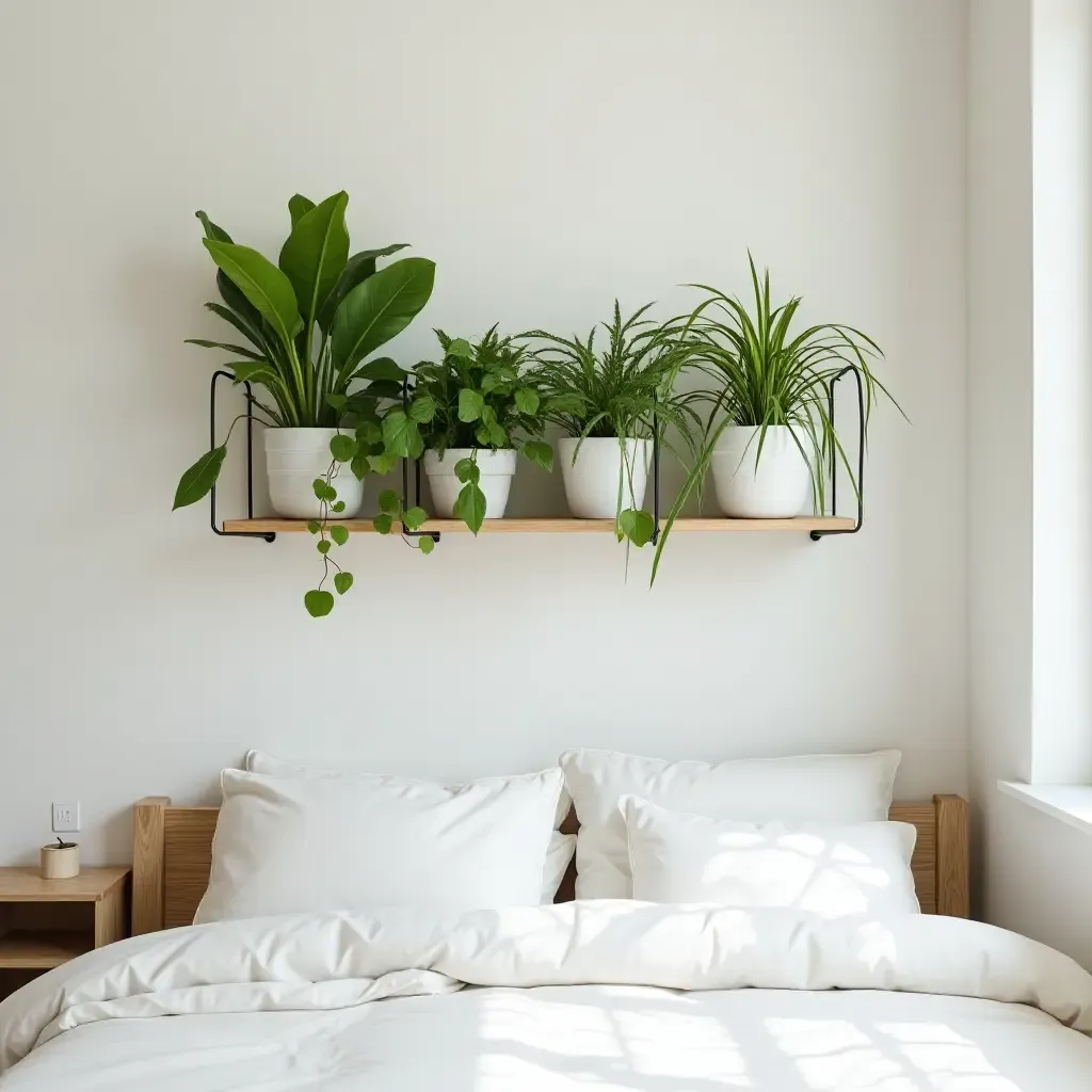 a photo of a wall-mounted plant shelf with vibrant greenery above a bed