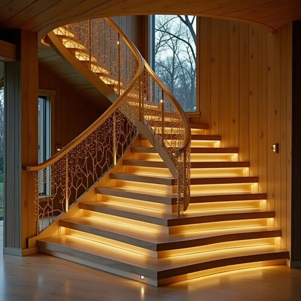 a photo of a unique staircase design with artistic railings and lighting