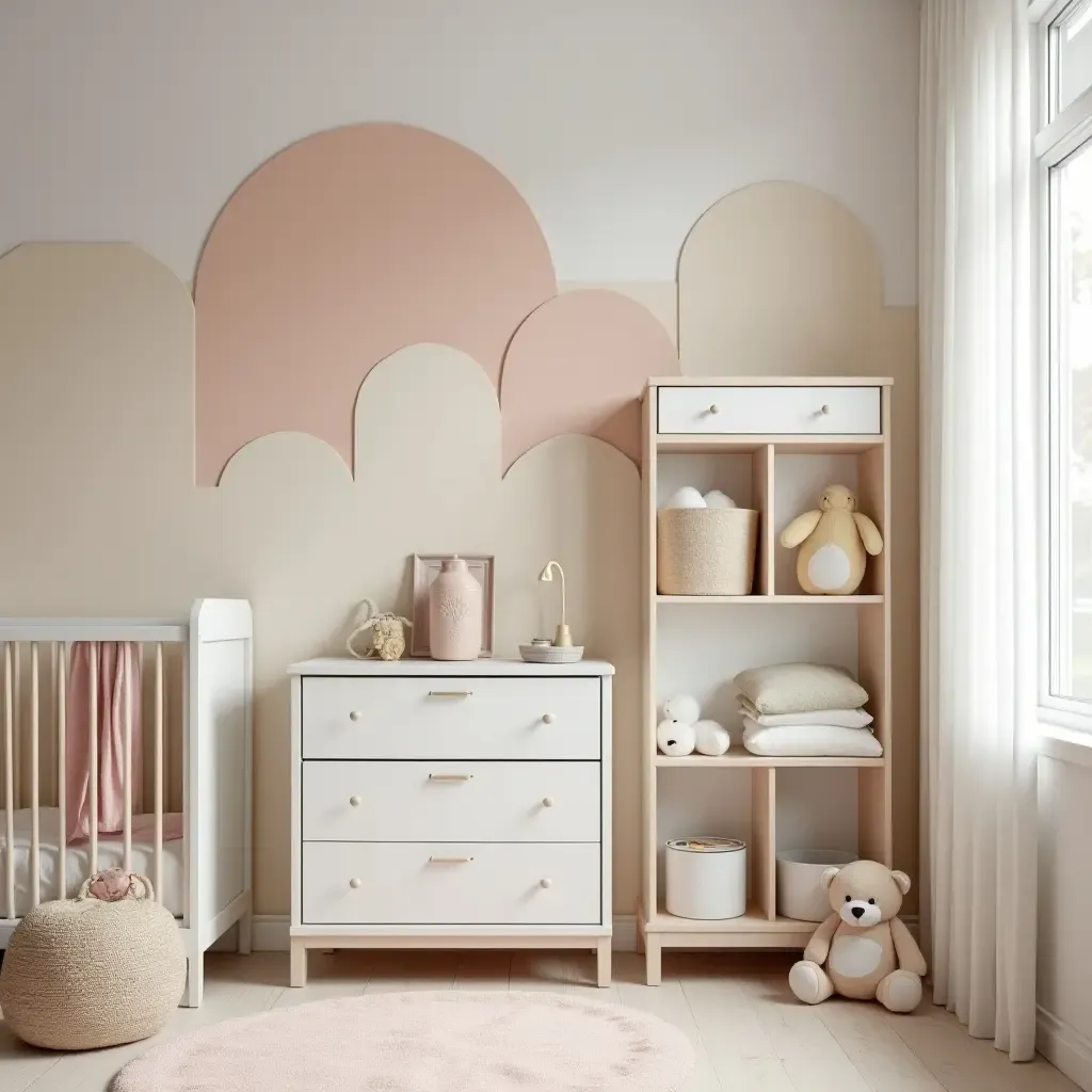 a photo of a nursery with coordinated storage solutions in pastel colors