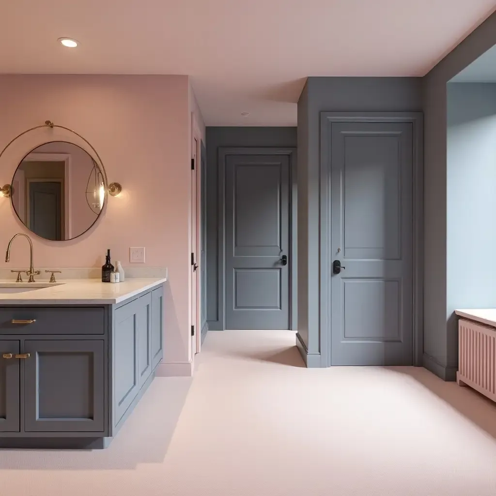 a photo of a chic basement showcasing pastel pink and slate blue combinations