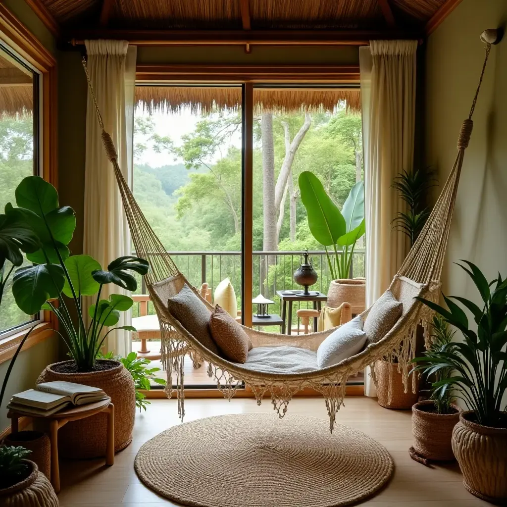 a photo of a reading nook with a hammock and tropical decor