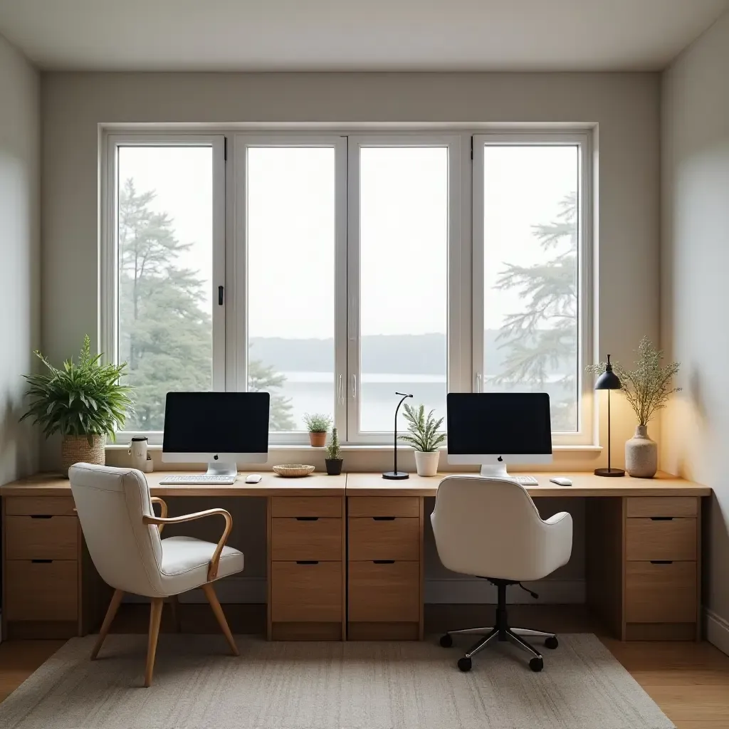 a photo of a shared home office with two workstations and personal touches