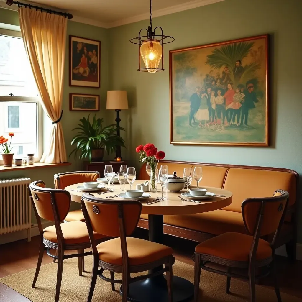 a photo of a retro dining area with vintage tableware and decor