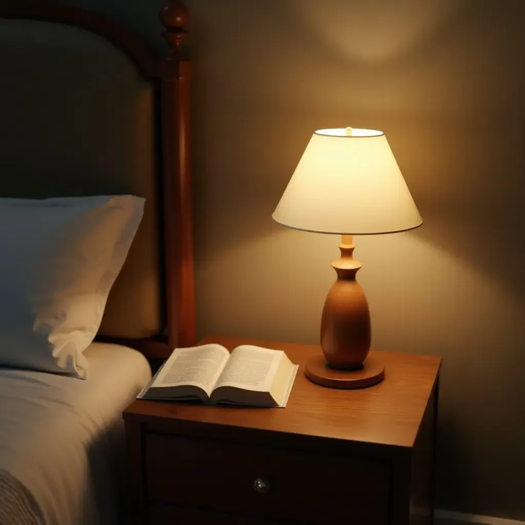 a photo of a bedside table with a lamp and a book in a nook