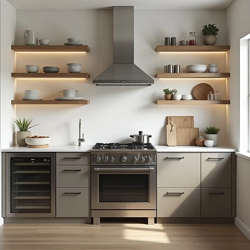 a photo of a kitchen with stainless steel appliances and wooden shelves