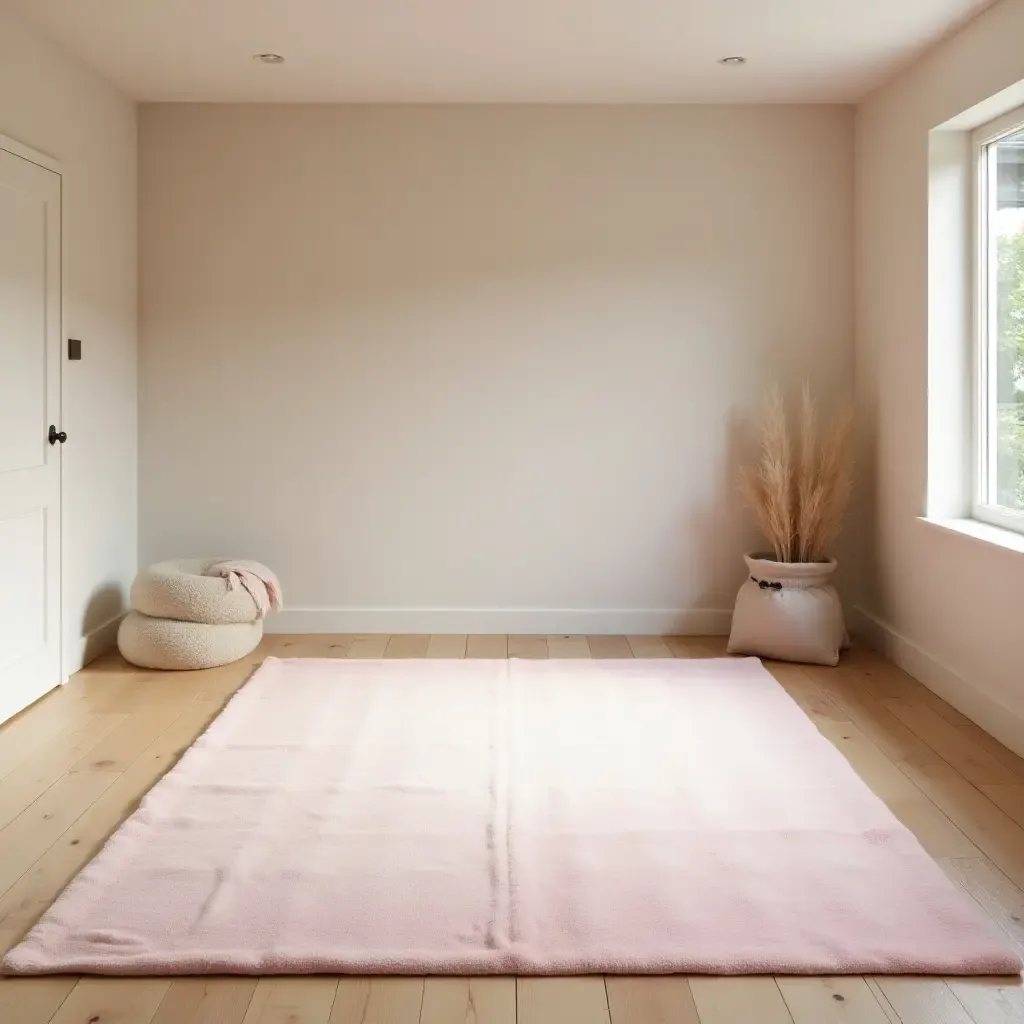 a photo of a soft, pastel rug in a serene basement meditation space