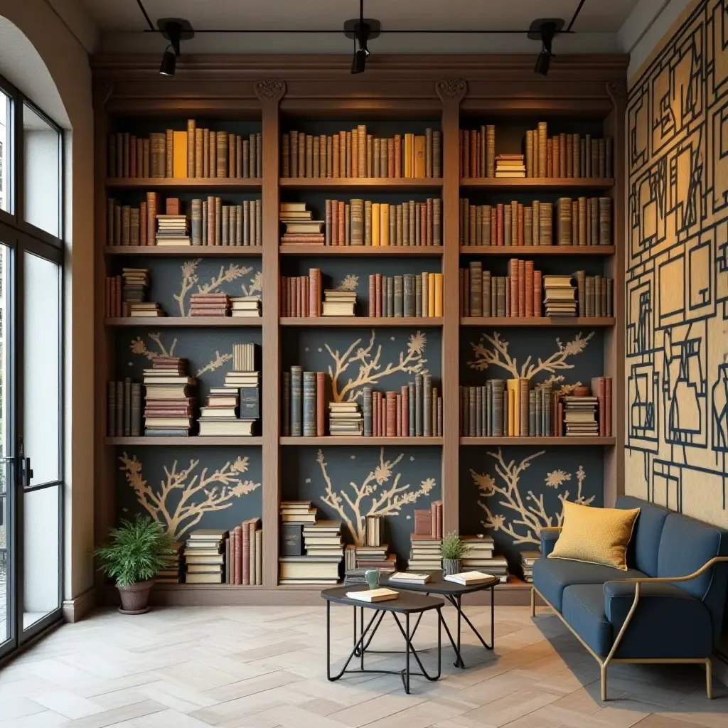 a photo of a book-themed mural with shelves