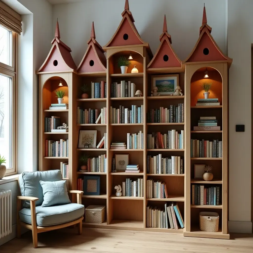 a photo of a castle-shaped bookshelf filled with fairy tale books