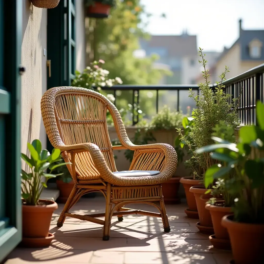 a photo of a vintage wicker chair on a balcony surrounded by potted plants