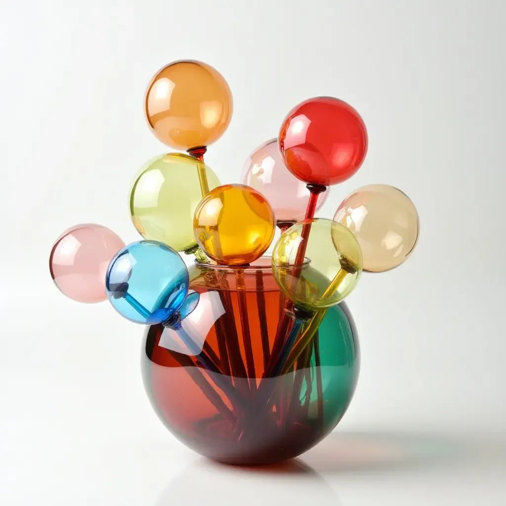 a photo of a playful centerpiece made of colorful glass orbs