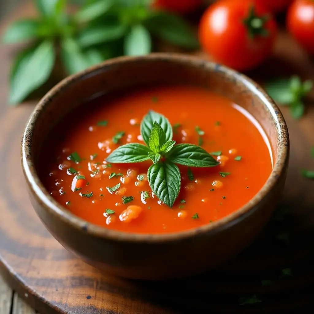 a photo of traditional Spanish gazpacho soup served in a rustic bowl with fresh herbs