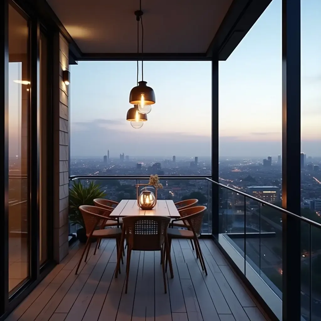 a photo of a balcony overlooking the city with stylish pendant lights