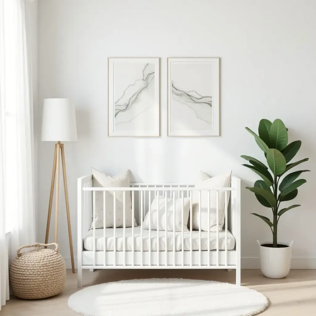 a photo of a minimalist nursery adorned with marble-inspired decor and greenery