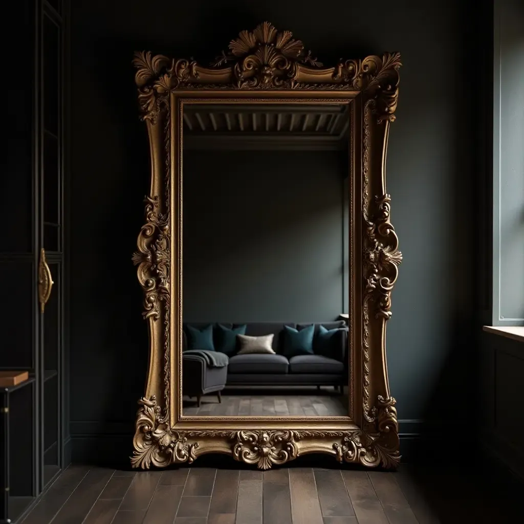 a photo of an ornate mirror reflecting a dark-themed living room