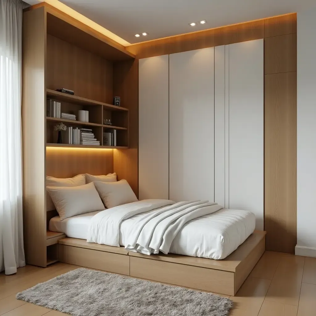 a photo of a small bedroom with a foldable wall bed