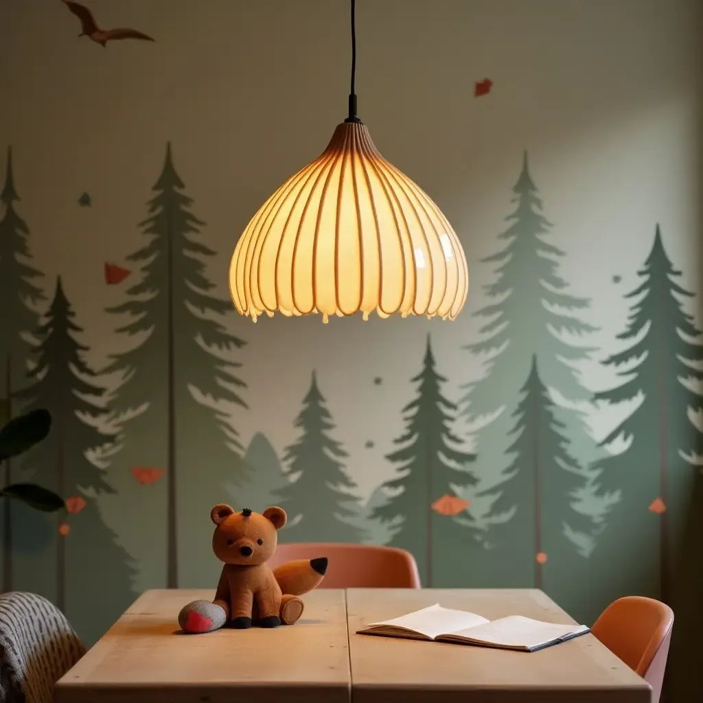 a photo of a nature-inspired pendant light in a forest-themed kids&#x27; room