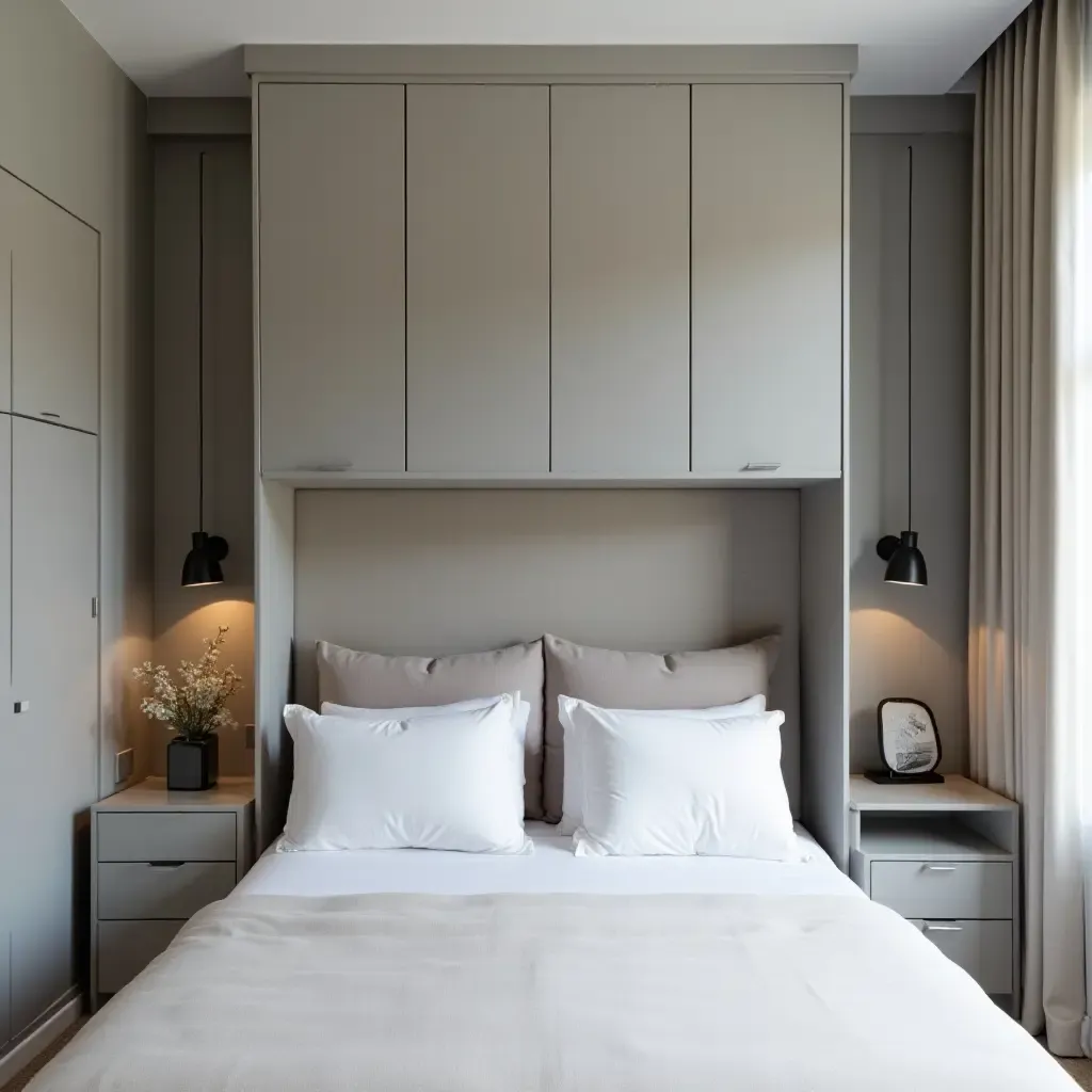 a photo of a grey headboard in a small space, showcasing clever storage solutions