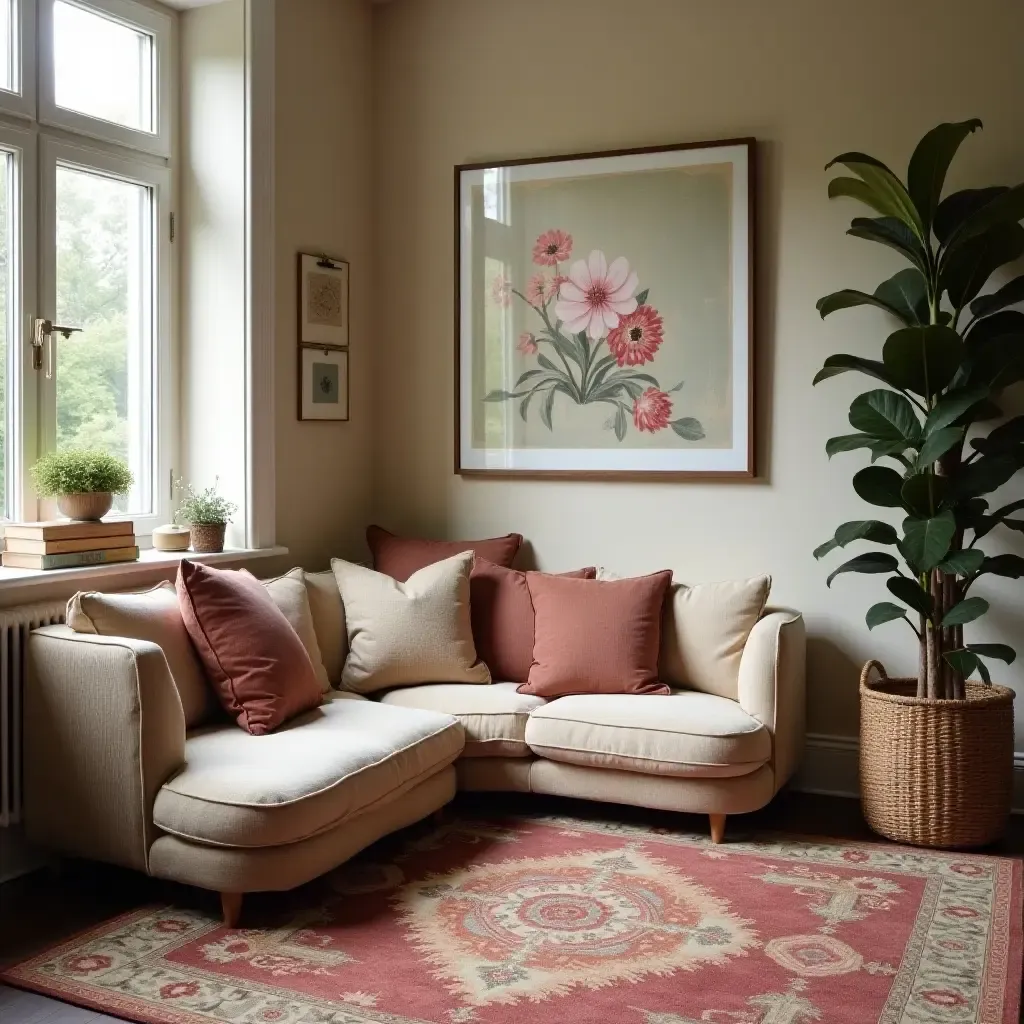 a photo of a reading corner with a vintage rug and soft pillows