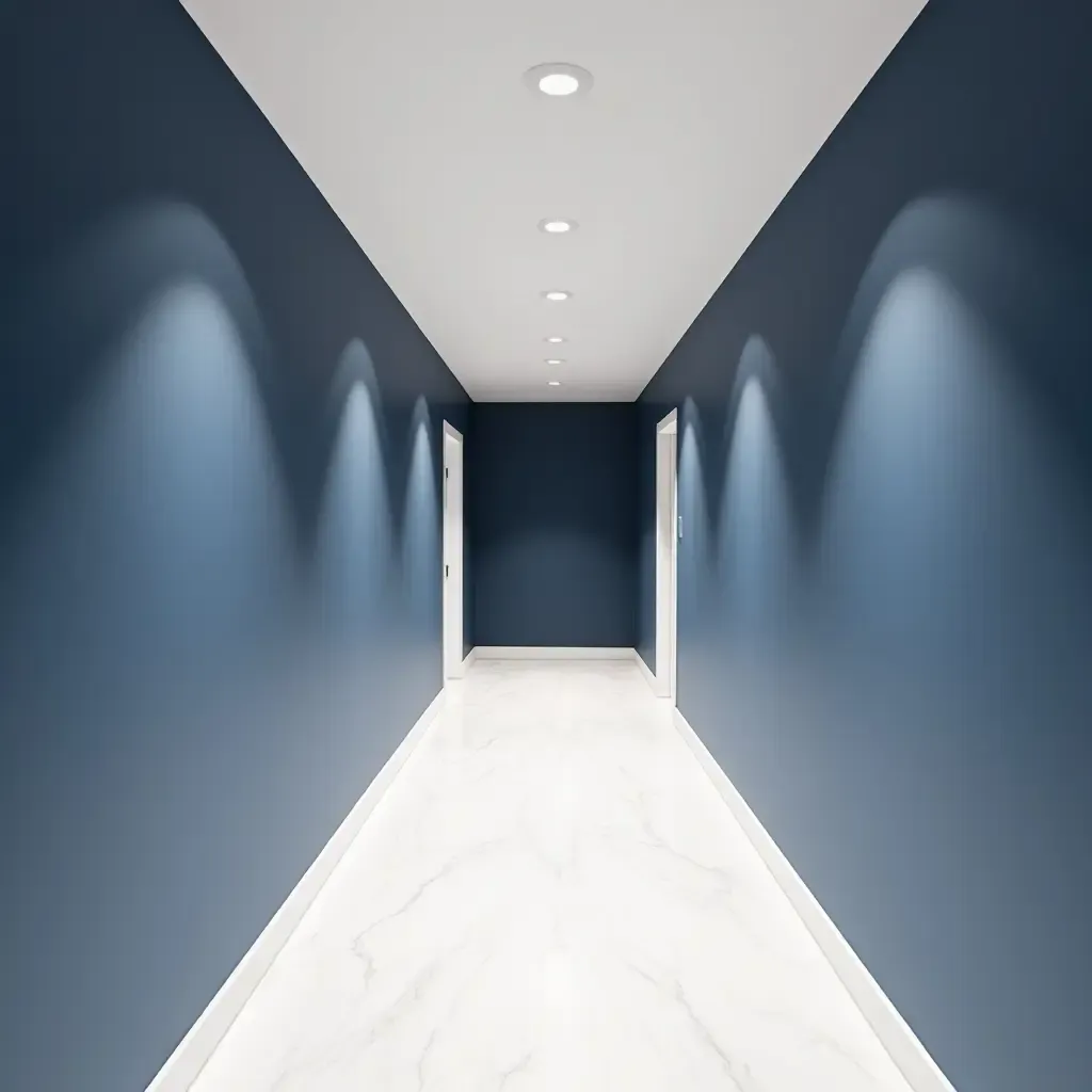 a photo of a classic navy blue and crisp white corridor