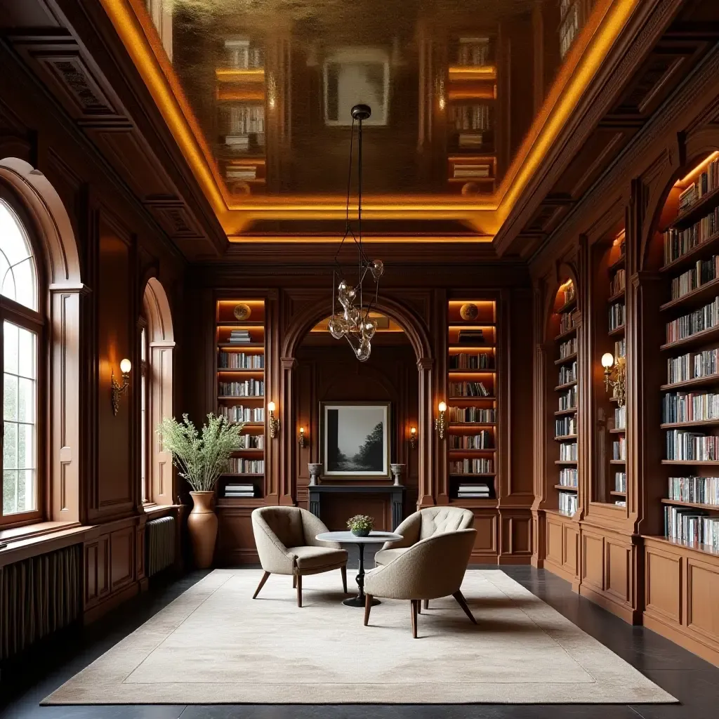 a photo of an elegant library with a mirrored ceiling