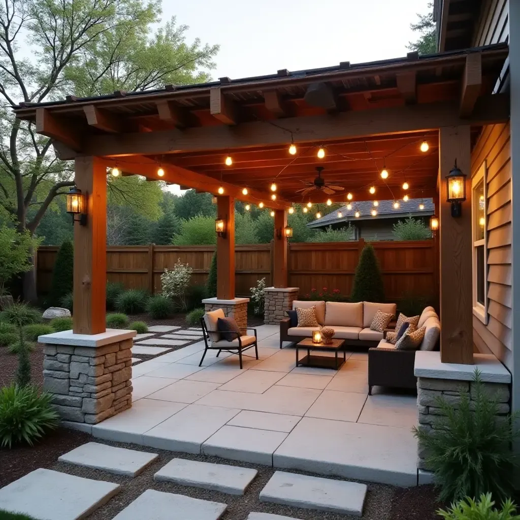 a photo of a rustic concrete patio with a wooden pergola and hanging lights