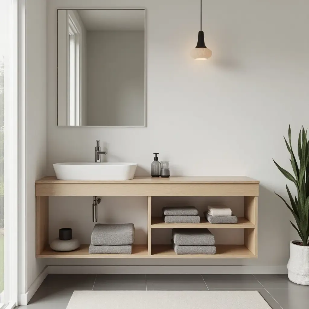 a photo of a minimalist bathroom with under-sink storage solutions