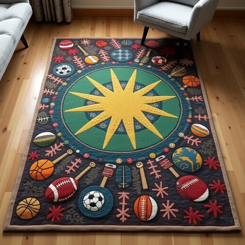 a photo of a rug with a sports theme showcasing various games