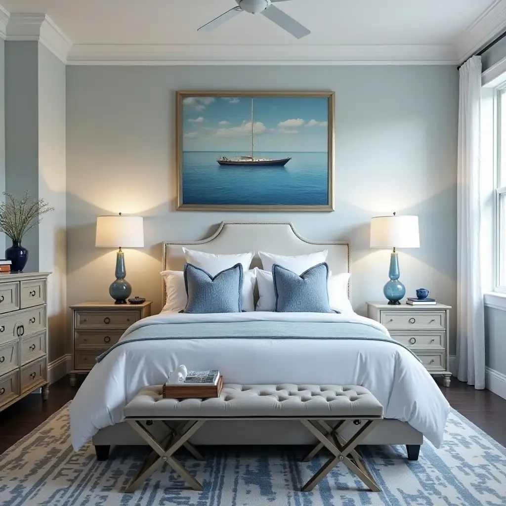 a photo of a nautical-themed bedroom with blue hues and marine decor