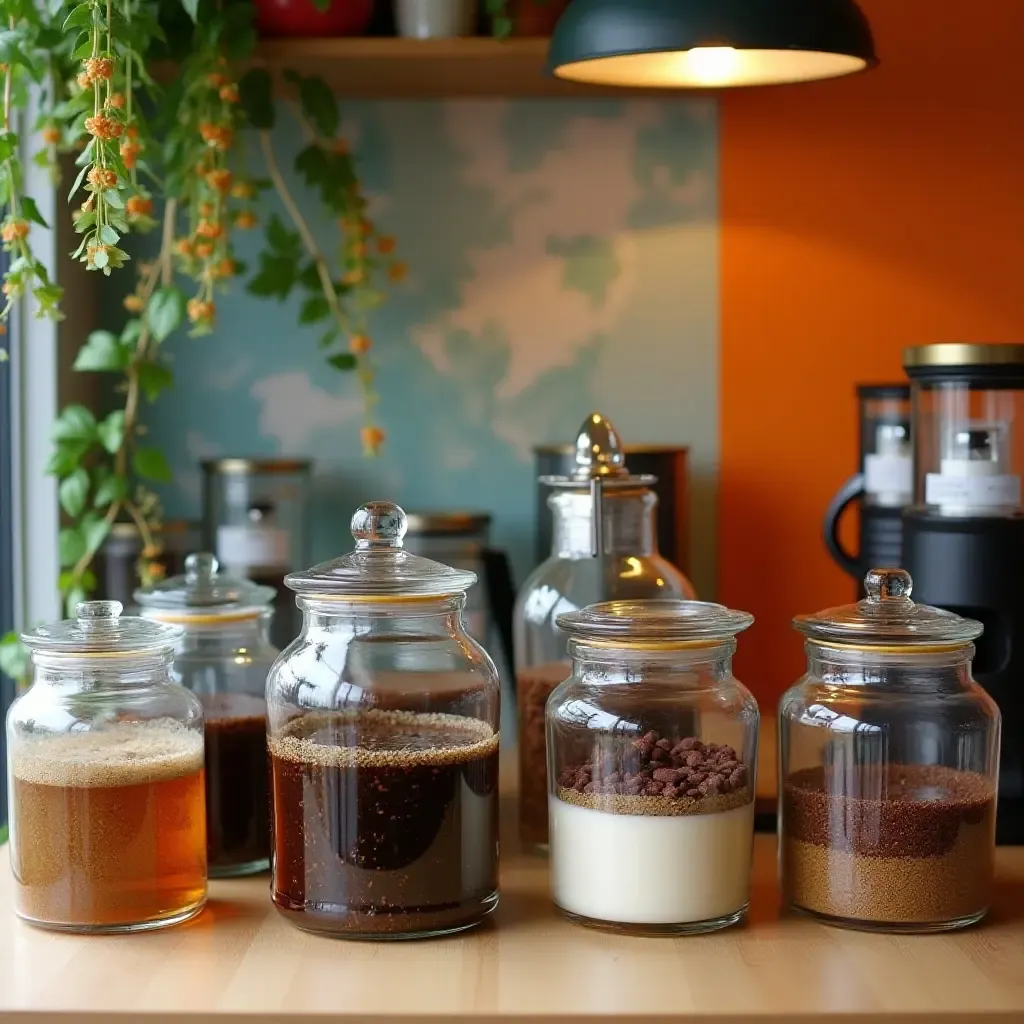 a photo of a colorful coffee station with vibrant decor and unique coffee jars