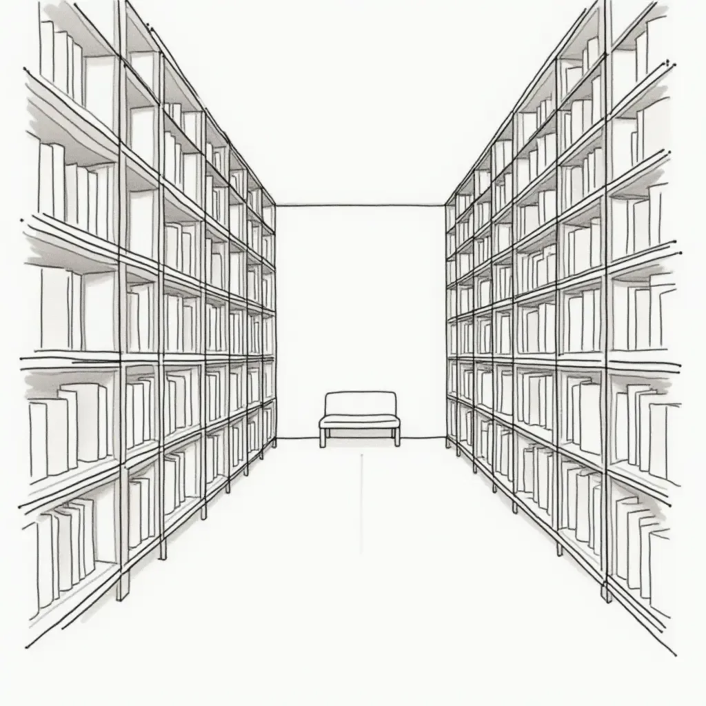 a photo of a library featuring a series of minimalist line drawings