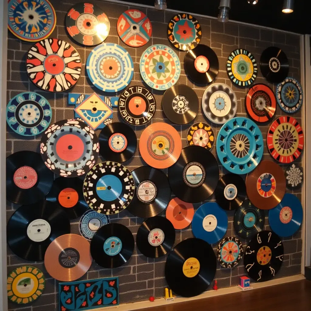 a photo of a wall with a collection of colorful vinyl records displayed as art