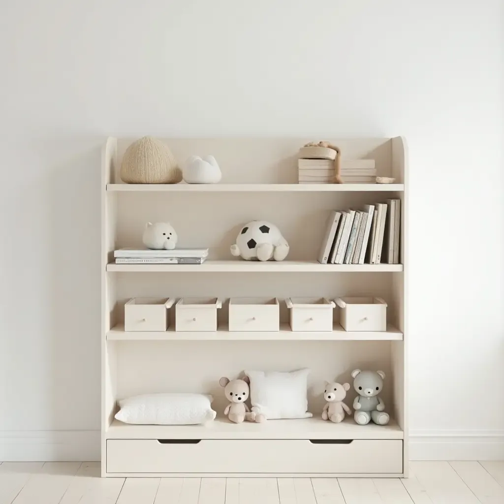 a photo of a minimalist nursery shelf with neatly organized toys and books