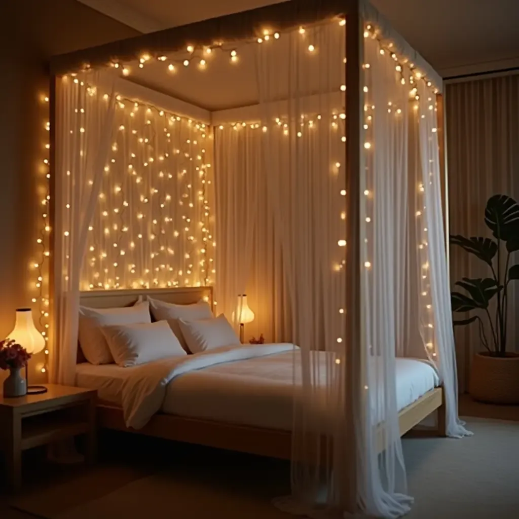 a photo of a serene bedroom with a canopy bed and ambient fairy lights