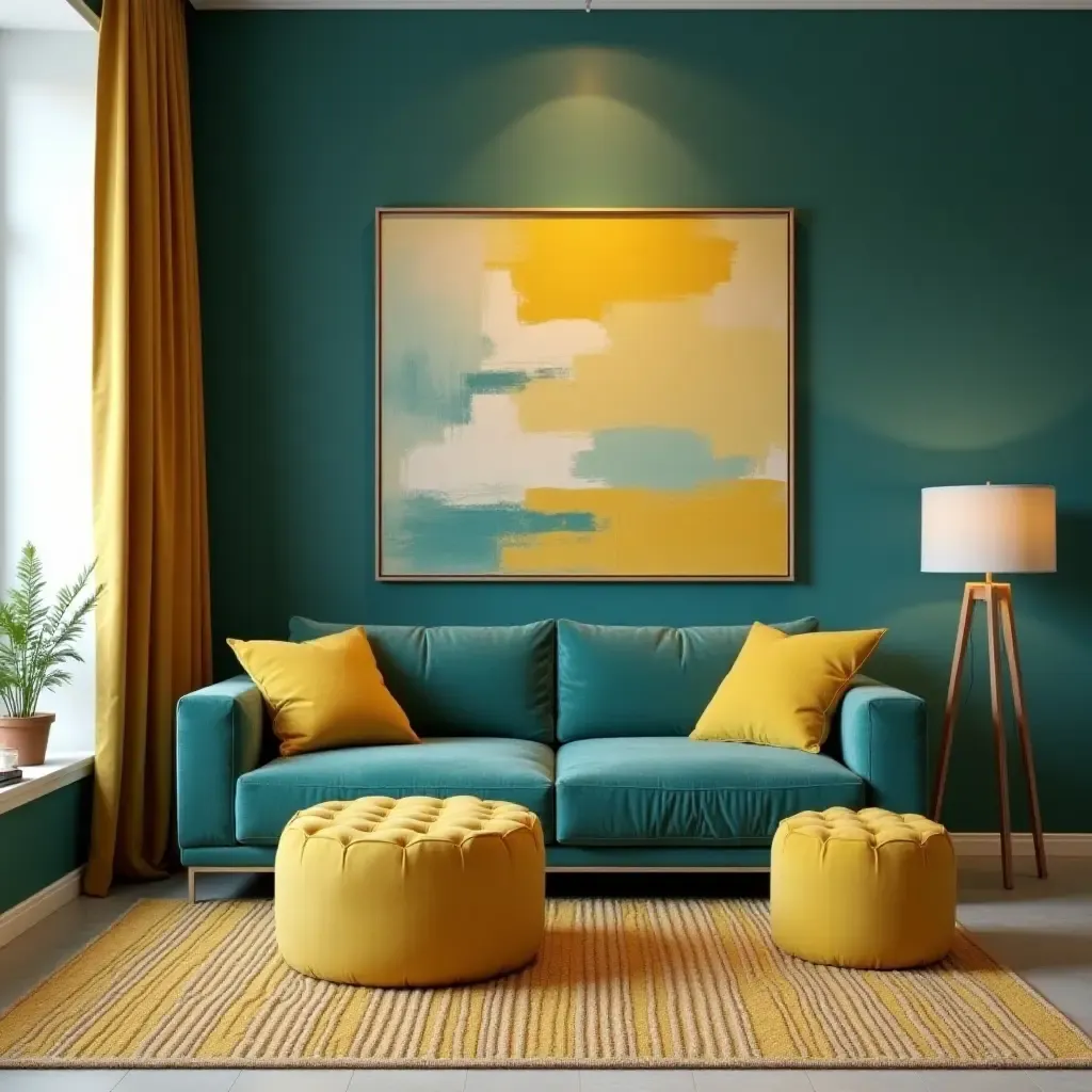 a photo of a living room with teal and mustard yellow accents