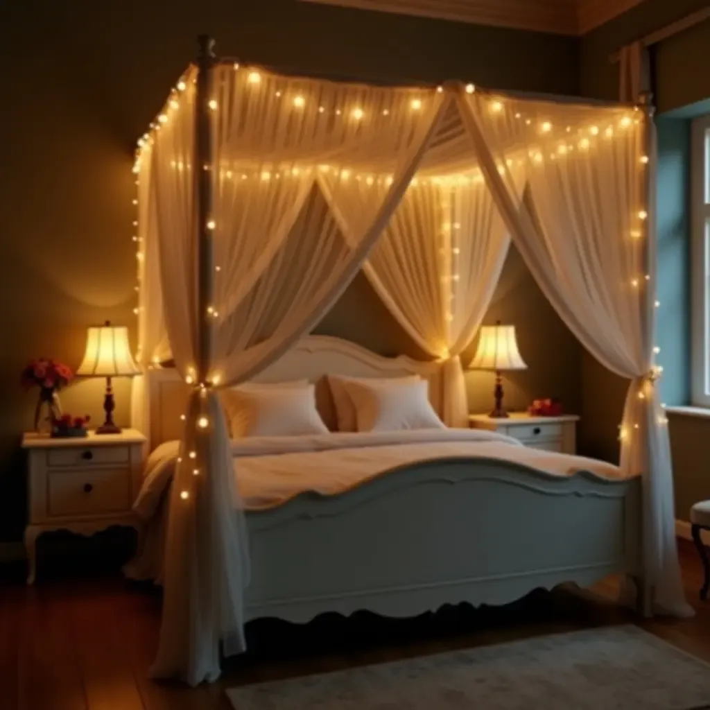 a photo of a vintage-inspired bed with a canopy and fairy lights