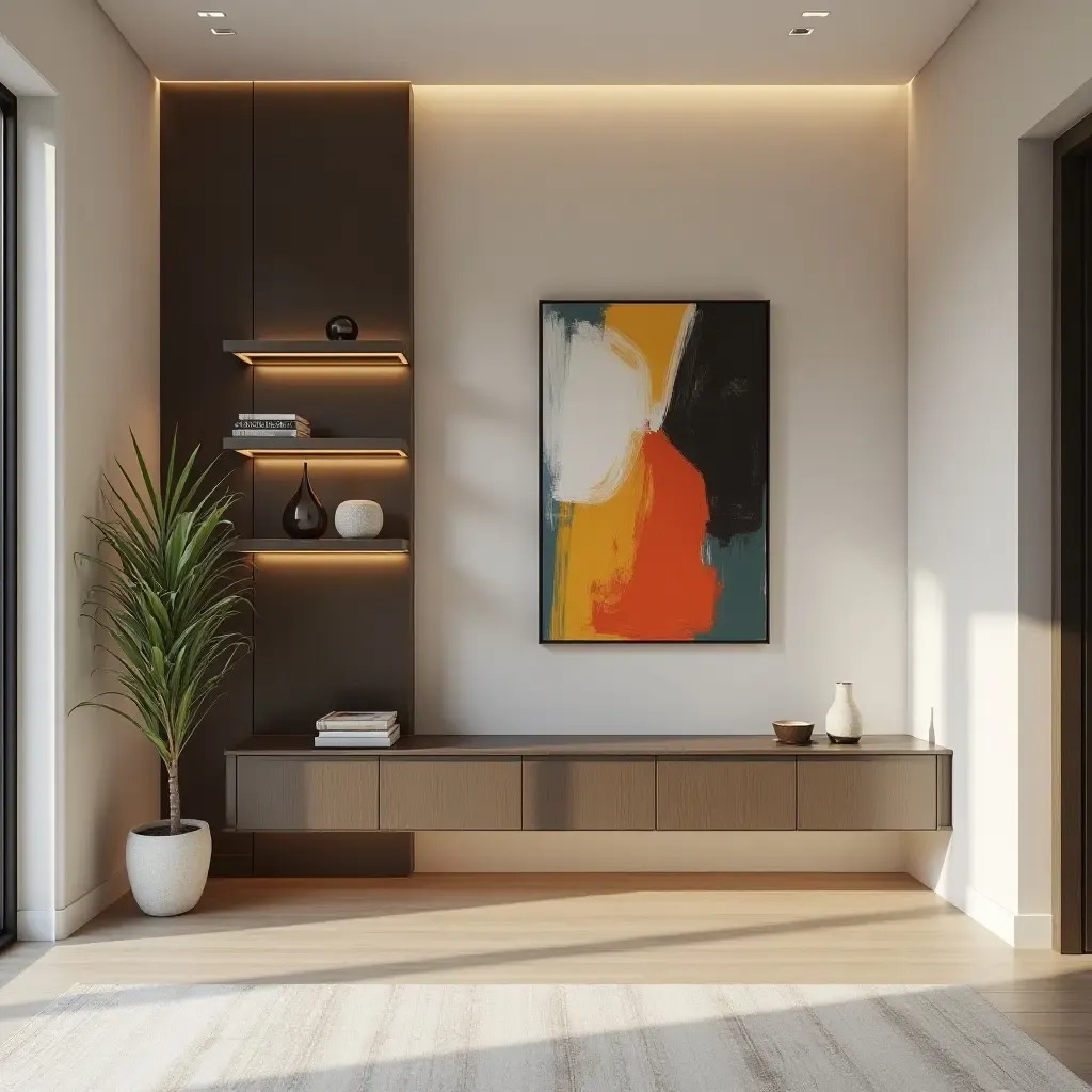 a photo of a minimalist entrance hall with sleek shelving and vibrant artwork