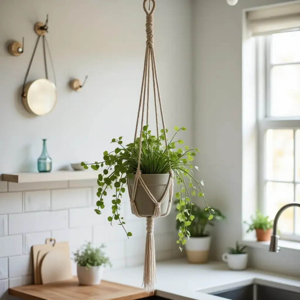 a photo of a kitchen with a hanging macrame plant holder