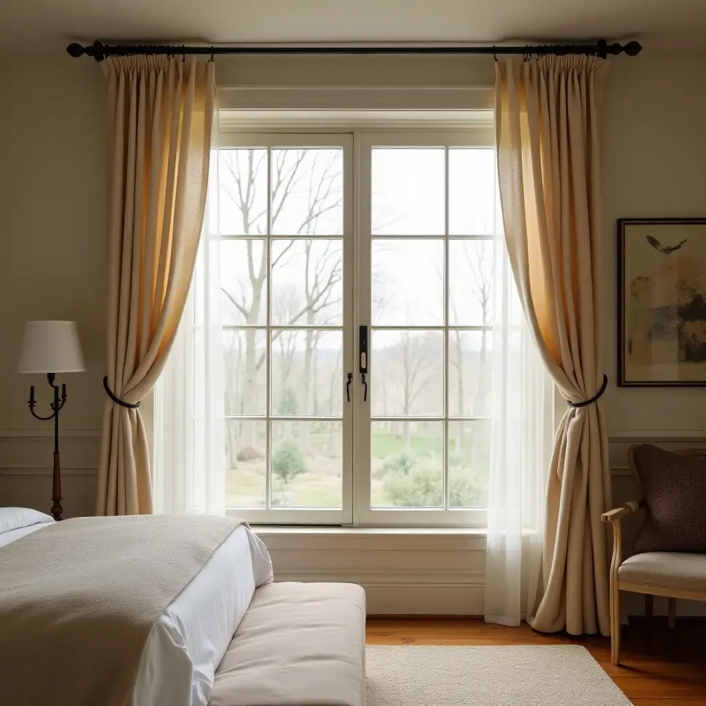 a photo of a cozy bedroom featuring a large farmhouse window with flowing curtains