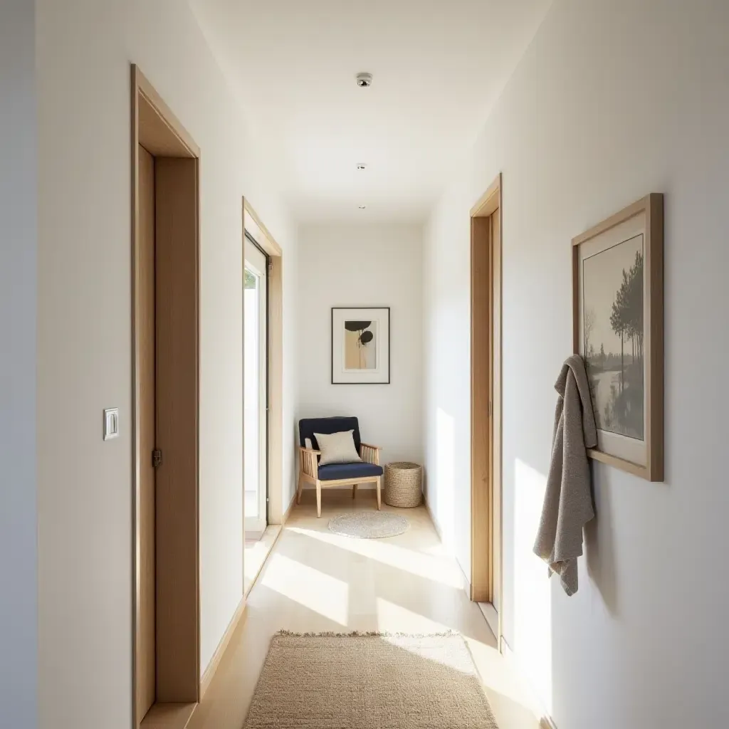 a photo of a bright corridor showcasing Scandinavian design with cozy elements