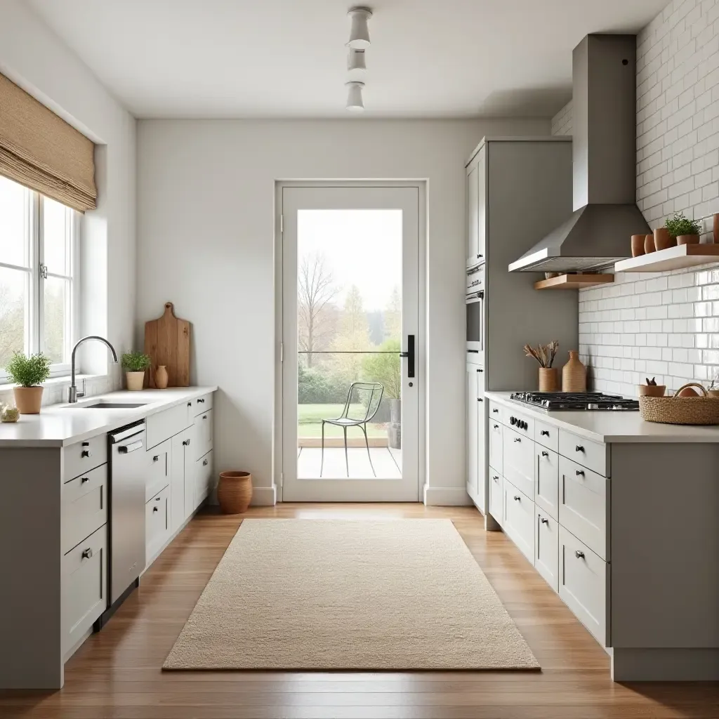 a photo of a kitchen with a contrasting rug color scheme