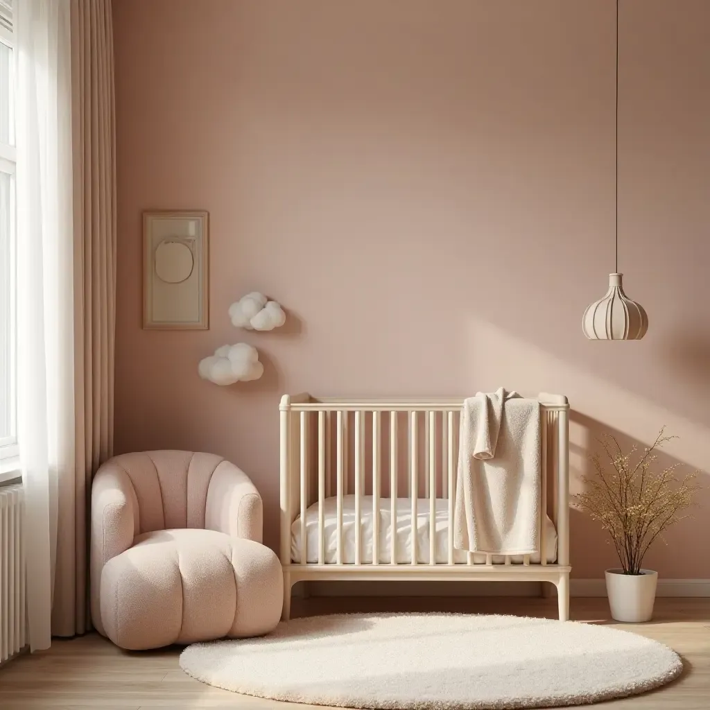 a photo of a nursery decorated with soft, velvety textures and warm tones