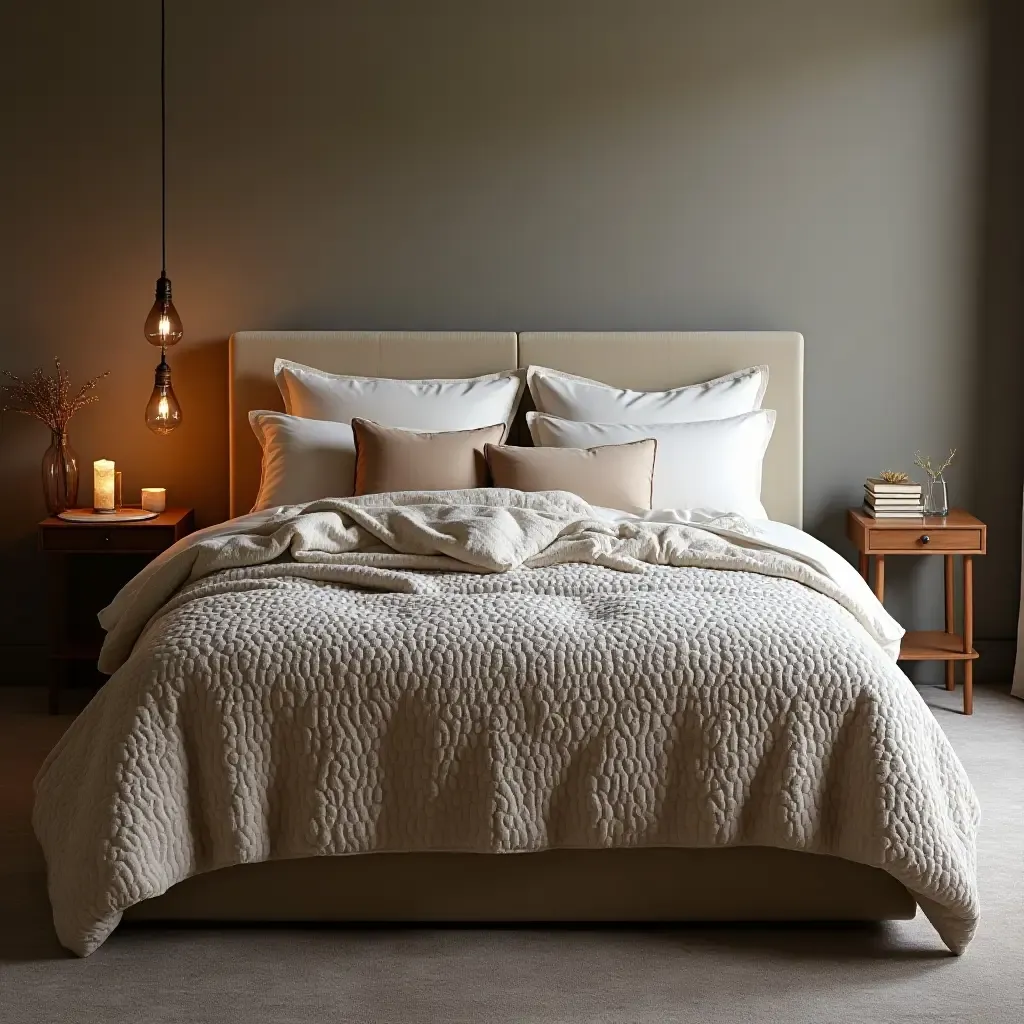 a photo of a chic bedspread with luxurious textures and patterns