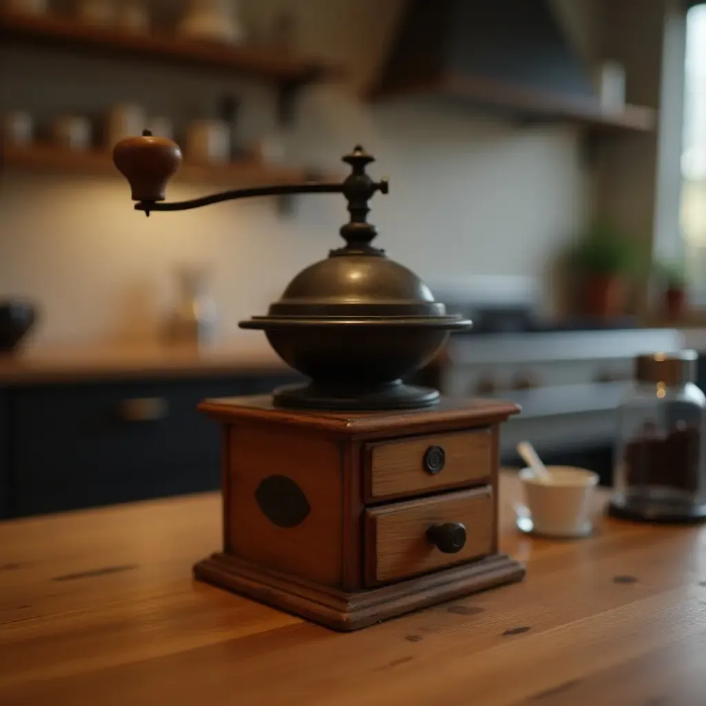 a photo of a vintage coffee grinder displayed on a kitchen counter