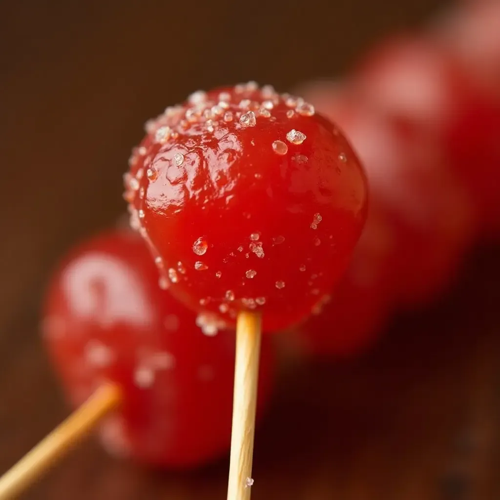 a photo of Tanghulu, skewered candied hawthorn berries glistening with a sugary coating on a stick.