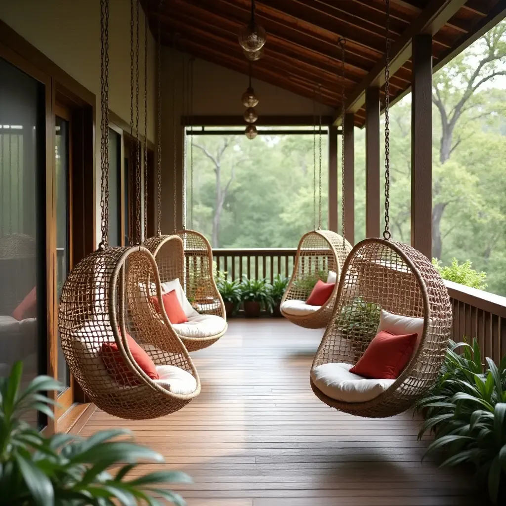 a photo of a cozy balcony with multiple hanging chairs for relaxation